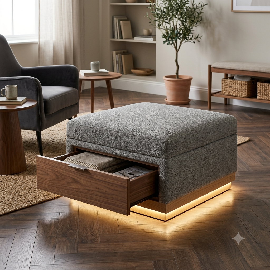 Ottoman with internal drawer storage and LED base, a bathroom vanity unit that conceals pull-out drawer compartments beneath its surface -- the integrated base lighting provides ambient illumination throughout evening routines, every panel functions as both decorative display and hidden storage for daily essentials